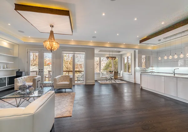 Bevdale Road: Open family room and kitchen with rear windows