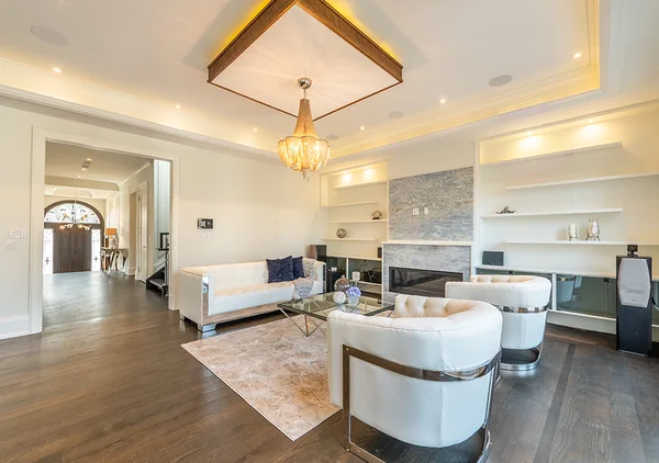 Bevdale Road: Family room seating, fireplace and rear windows