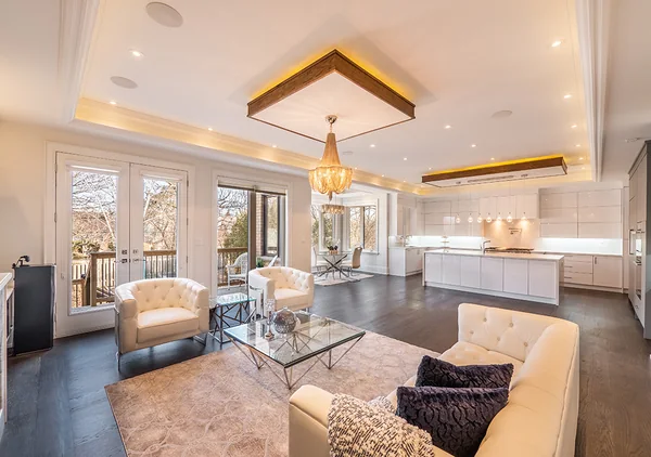 Bevdale Road: Kitchen island beside the family-room seating area