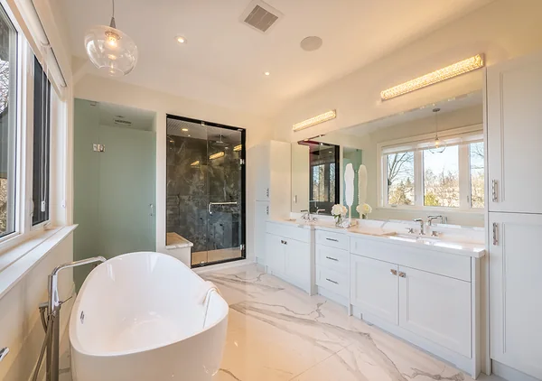 Bevdale Road: Bathroom with freestanding tub, double vanity and glass shower