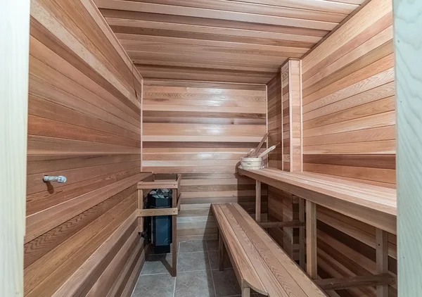 Bevdale Road: Wood-lined sauna with benches and heater