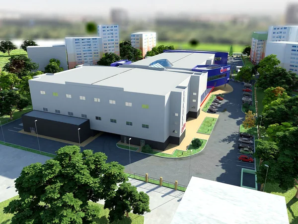 City Plus: Aerial architectural rendering of the shopping centre and surrounding buildings