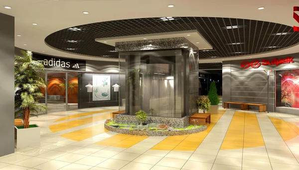 City Plus: Shopping-centre interior with tiled floor and planted seating area