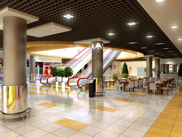 City Plus: Shopping-centre interior with escalator and cafe tables