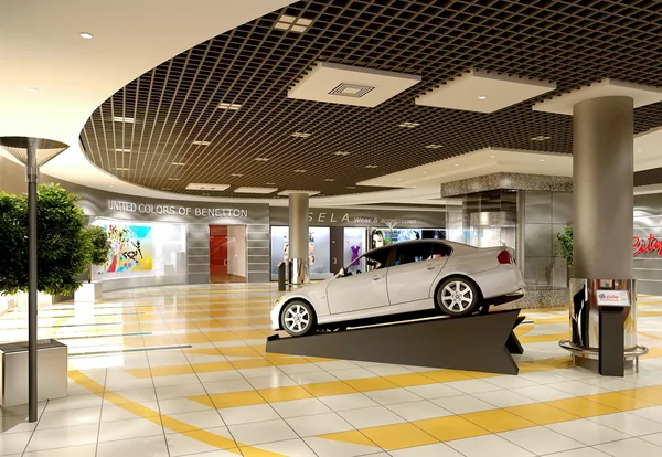 City Plus: Shopping-centre interior with car display and curved ceiling