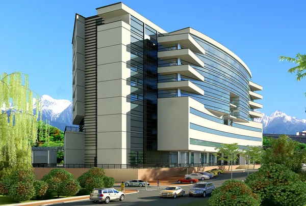 Garden City: Architectural rendering of a curved glass commercial building and landscaped entrance