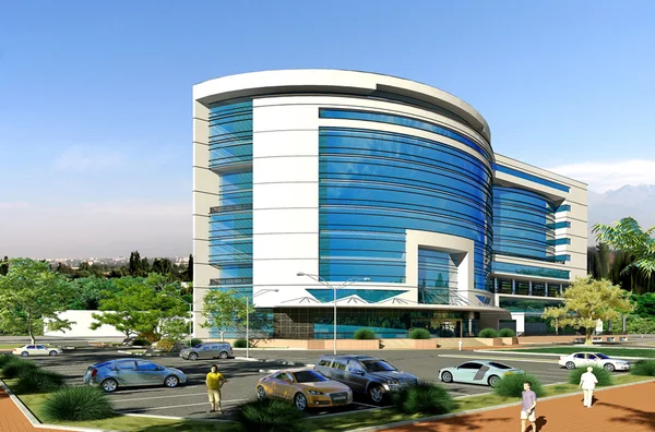 Garden City: Architectural rendering of the commercial building with curved blue glazing