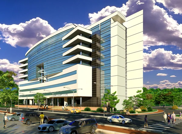 Garden City: Architectural rendering of the commercial building and parking area