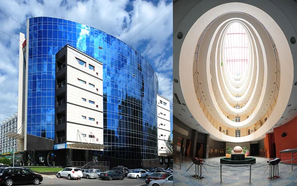 Grand China: Photographic collage of a blue-glazed commercial exterior and an oval interior atrium