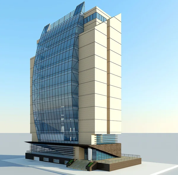 Grand China: Architectural rendering of a tall glazed commercial building on a stepped podium