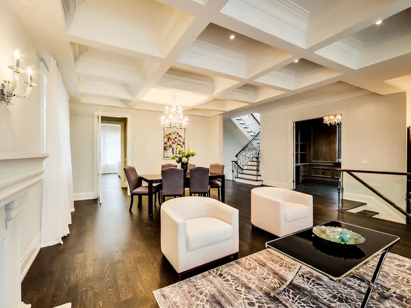 Joicey Boulevard 2: Living and dining areas beneath a coffered ceiling