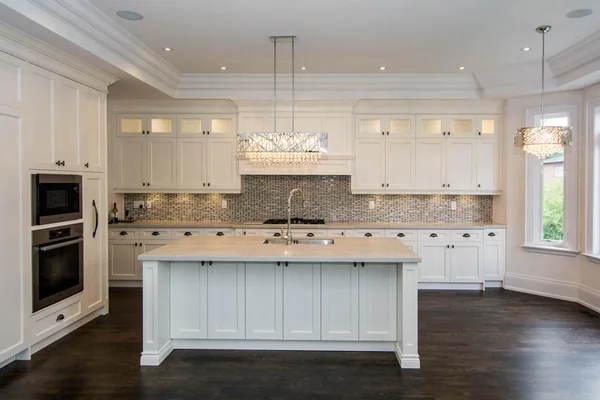 Joicey Boulevard: White kitchen cabinets, island and patterned backsplash