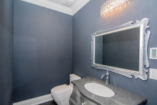 Joicey Boulevard: Powder room with blue walls, decorative mirror and stone basin