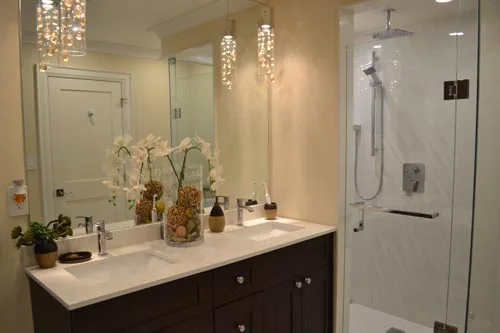 Nevada Avenue: Bathroom vanity and glass shower enclosure